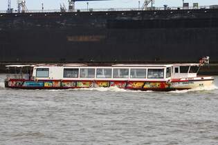 Hafenbarkasse ENNSTAL; Eigner/Betreiber: Barkassenmeyer; Aufnahmeort: Elbe/Hafen Hamburg, Deutschland; Datum: 11.07.2025; Info: (ENI 04813530) (H 6083) (Kunstbarkasse, durch Udo Lindenberg gestaltet)