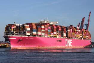 Containerfrachtschiff ONE TRIUMPH; Eigner/Betreiber: ONE; Aufnahmeort: Elbe/Hafen Hamburg, Deutschland; Datum: 19.09.2025; Info: (IMO 9769271) Das Bild zeigt die ONE TRIUMPH whrend des