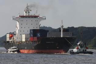 Containerfrachtschiff ERASMUS GOAL (IMO 9626558); Datum: 09.08.2025; Aufnahmeort: Elbe/Hafen Hamburg, Deutschland.