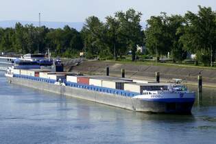 Koppelverband Vrido ankert vor der Staustufe Vogelgrn/Elsa,   GMS Vrido I ENI 02328232,  GSL Vrido II ENI 02328233, Mai 2025