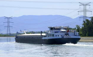 GMS Marita, ENI 02315692, fhrt nach der Staustufe Vogelgrn/Elsa rheinaufwrts, Mai 2025