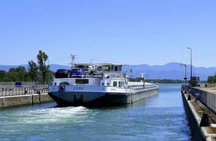 GMS Cedi, ENI 06004159, verlt die Schleuse Vogelgrn/Elsa und fhrt rheinaufwrts, Juni 2025