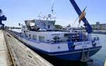 GMS Love Story, ankert im Rheinhafen von Breisach, Heckansicht, Mai 2025