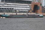 Binnenfrachtschiff SPREE; Aufnahmeort: Elbe/Hafen Hamburg, Deutschland; Datum: 03.06.2025; Info: Das Bild zeigt die SPREE auf Hhe Dockland.