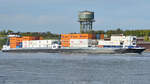 Der mit reichlich Containern beladene Koppelverband MANNHEIM I & II (ENI: 04814490 & 04814500) ist hier Ende September 2025 in Duisburg zu sehen.