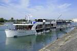 KFGS Amacerto, ankert an der Staustufe Vogelgrn/Elsa, L=135m, 164 Passagiere, Baujahr 2012, gemeldet in Basel/Schweiz, Mai 2025