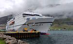 Das 165m lange Fhrschiff NORRNA am 28.05.25 in Seydisfjrdur.