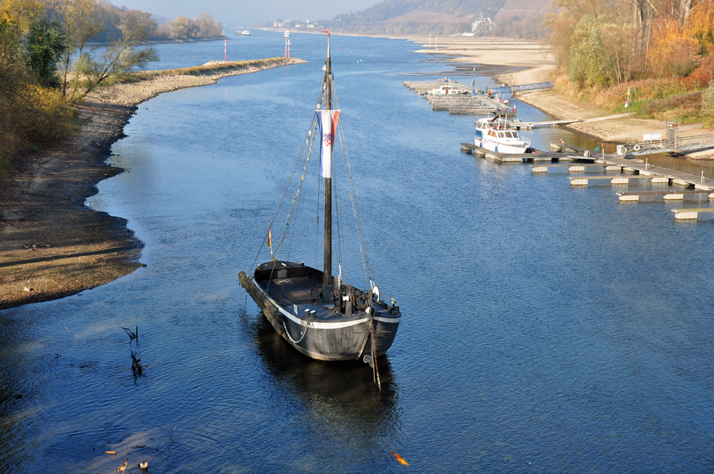 Aalschokker  Aranka , ehemals Aalfngerboot auf dem Rhein, auf dem Liegeplatz bei der Halbinsel Grafenwerth bei Bad Honnef (ist auf dem SatBild auch zu erkennen) - 15.11.2011