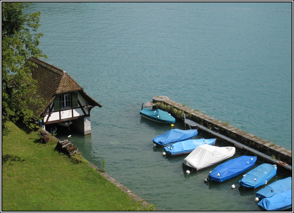 Blick auf das Ufer des Thuners See bei Spiez mit einem kleinen Bootanleger, aufgenommen am 18.07.2010. Schwer zu erkennen, ob es sich bei den wetterfest eingepackten Booten um Motor- oder Ruderboote handelt, vermutlich ist beides vorhanden.
