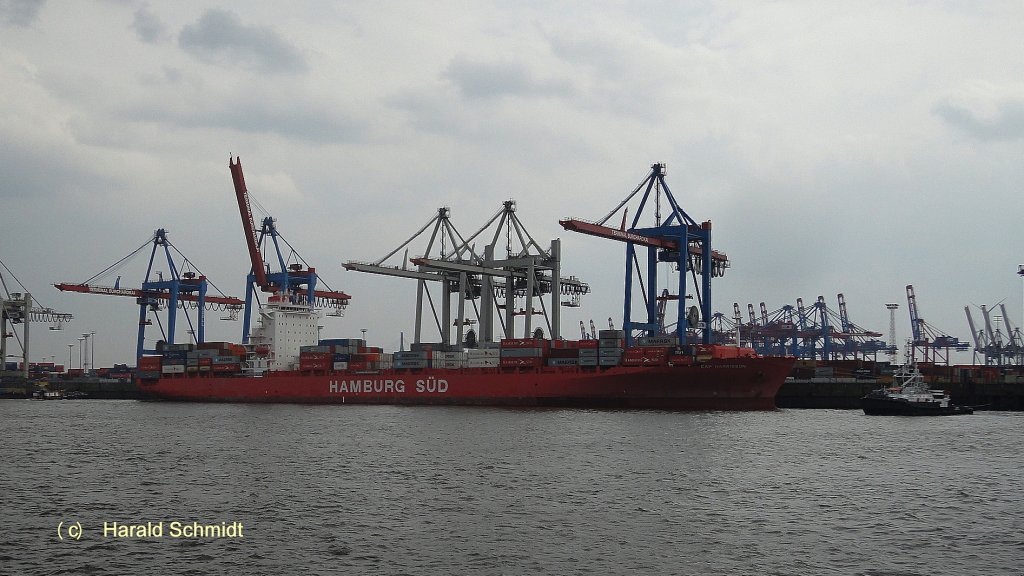 CAP HARRISSON (IMO 9440796) am 16.4.2013, Hamburg, Elbe, Container Terminal Burchardkai, Stromliegeplatz Athabaskakai /
ex CPO BALTIMORE (-2009)
Containerschiff / BRZ 41.358 / La 262,07 m, B 32,2 m, Tg 12,5 m / TEU 4.259, davon 536 Reefer  / 
2009 bei Hyundai Heavy Industries, Ulsan, Sdkorea / Flagge: Liberia, Heimathafen: Monrovia /

