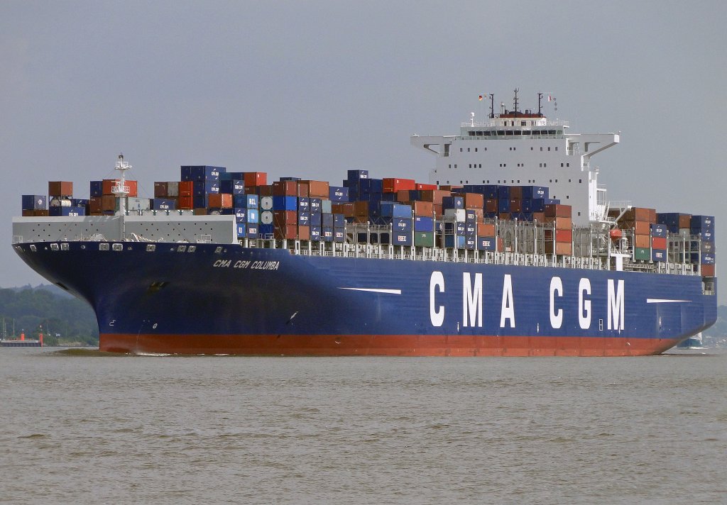  CMA CGM Columba  11.07.2011 in Hamburg.
overall length (m): 363,00 
overall beam (m): 45,60 
maximum draught (m): 15,5 
maximum TEU capacity: 11356 
gross tonnage (ton): 131.332 