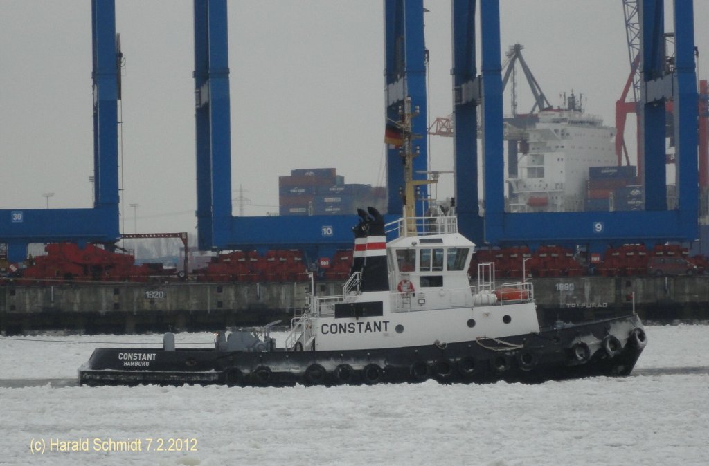 CONSTANT (2)  IMO 8701090 am 7.2.2012, Hamburg, Elbe  Hhe Athabaskakai / 
Schlepper / Ltgens&Reimers, Hamburg / BRZ 218 / La. 28,46 m, B 8,85 m, Tg. 4,5 m / 2 Deutz-Diesel, SBV 6M 628,  2 VSP, ges. 1808 kW (2460 PS), 12,5 kn / Pfahlzug 32,2 t / 1983 bei Detlev Hegemann Werft, Berne /
