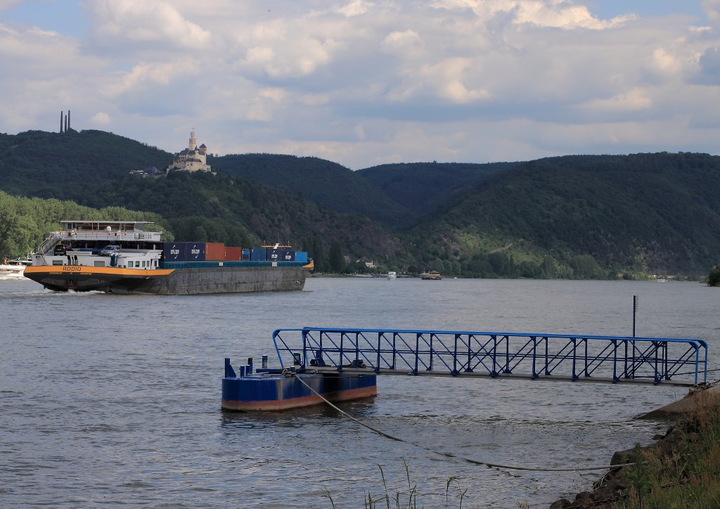 Containerschiff Addio aus Dordrecht am 27.5.2012 rheinaufwrts bei Rhens. Im Hintergrund die Marxburg