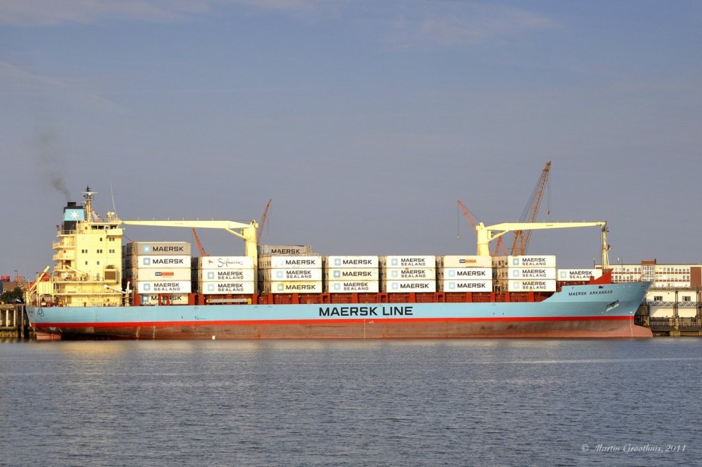 Das Containerschiff  Maersk Arkansas  am 25.08.2011 in Bremerhaven.
L: 155m / B: 25m / D: 8,1m / TEU 1068 / Bj: 1998 / 18 kn / Flagge: USA / IMO 9164251 
