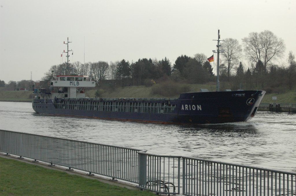 Das  Frachtschiff Arion (IMO: 9177969) mit Heimathafen St. Johns auf dem NOK bei Rendsburg am 11.04.2011 gesehen.