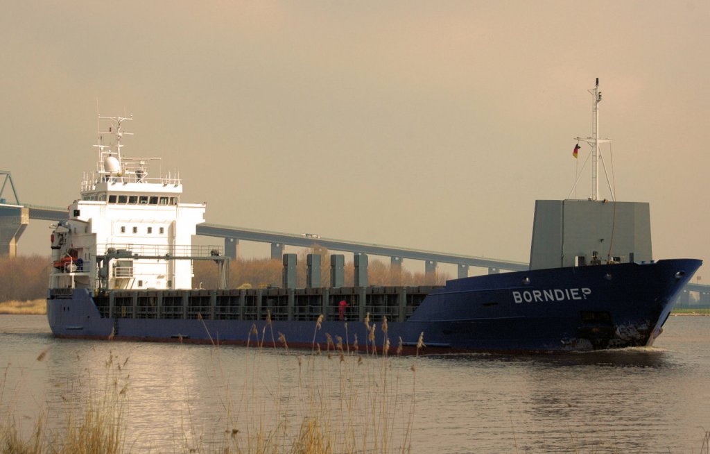 Das Frachtschiff  Borndiep (IMO:  9173214) mit Heimat Groningen NL  auf dem NOK Richtung Brunsbttel Schleuse. Gesehen am 04.04.2011.