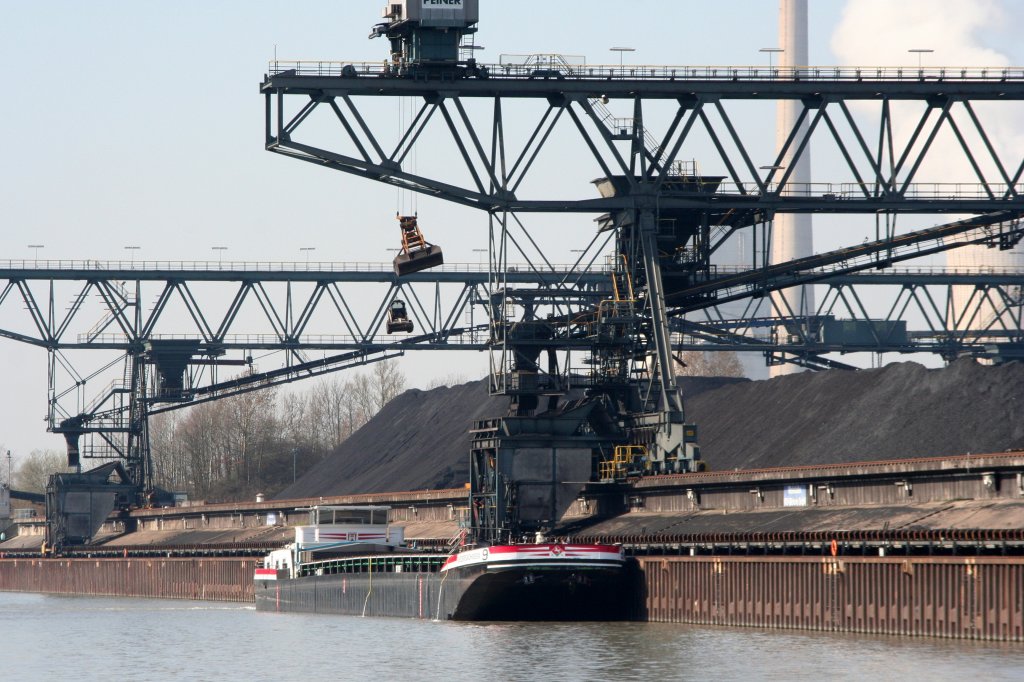 Das Lschen der MS Niedersachsen 9 , 04002180 , ist beendet und der kleine Radlader wird aus dem Schiff gehoben. Werkshafen KW Mehrum am 23.03.2012 am MLK.