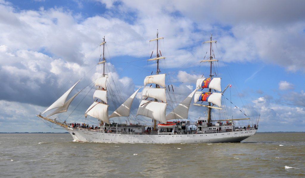 Das polnische Segelschulschiff  Dar Mlodziezy  am 25.08.2010 einlaufend Bremerhaven (Sail 2010). L:109m / B:14m / Tg:6,3m / Hhe: 62m