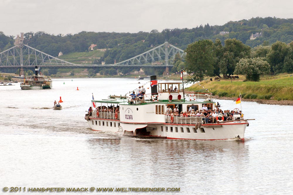 Der Dampfer VLTAVA dreht anlsslich seines Besuches in Dresden am 09.07.11 auf der Elbe Runden. Hier hat er das blaue Wunder passiert. Kurz vor Laubegast fand das Wendemanver statt.