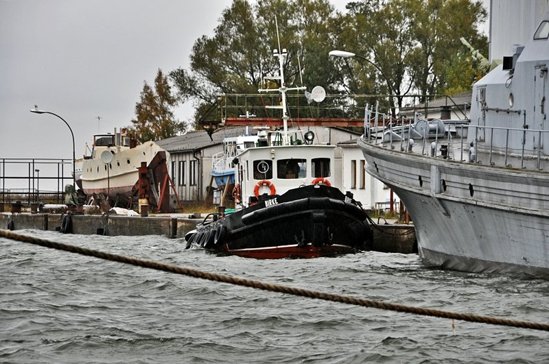 der kleine Schlepper oder Bugsierboot  Birke  lt sich krftig durchschaukeln, festgemacht auf dem Dnholm in Stralsund am 15.10.09