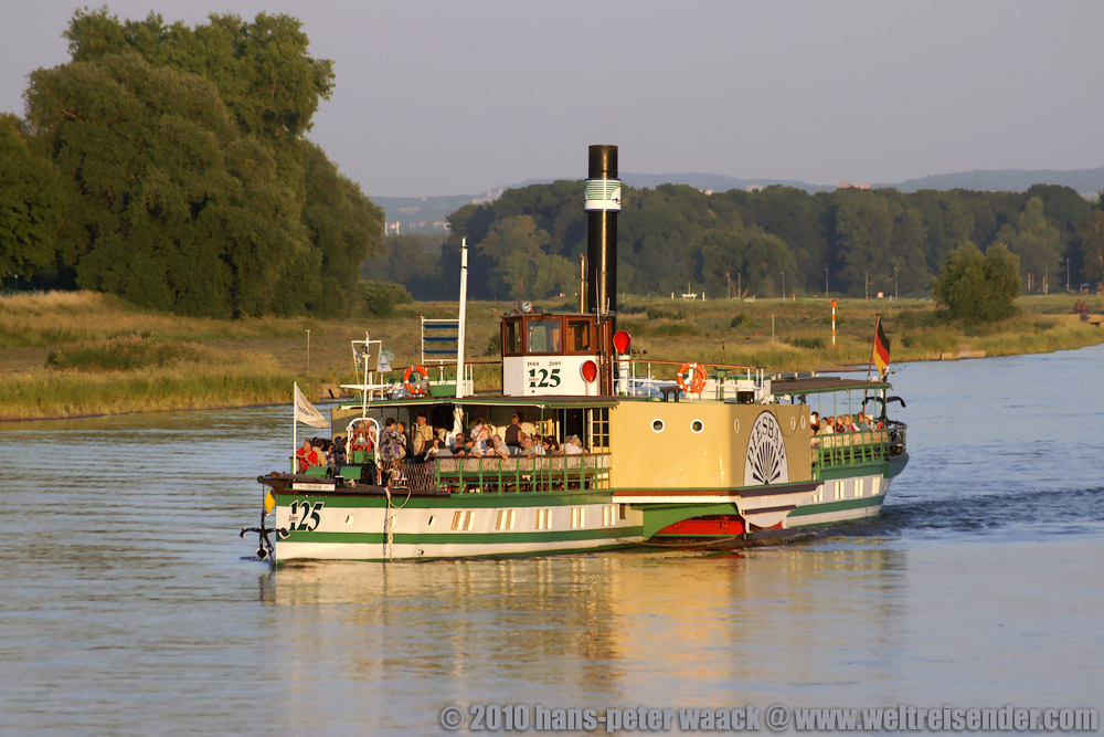 Der kohlegefeuerte Schaufelraddampfer DIESBAR der Schsischen Dampfschifffahrt Dresden fhrt am Abend des 29.06.10 der untergehenden Sonne bei Dresden-Laubegast entgegen.