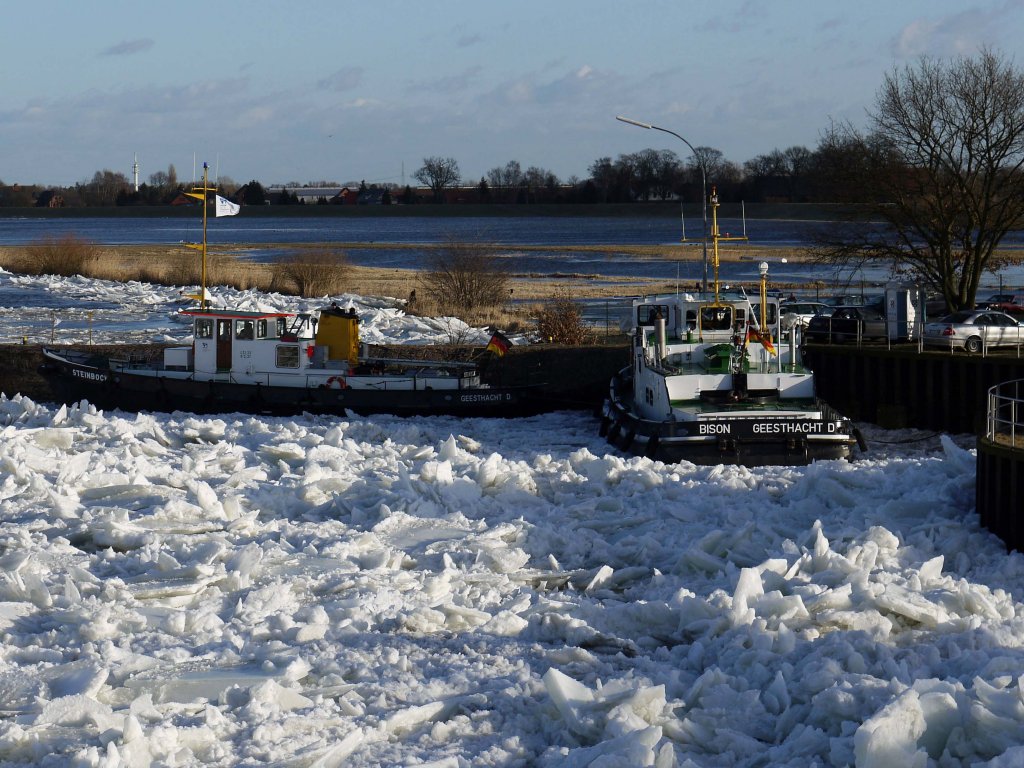 Die beiden in Geesthacht beheimateten Eisbrecher STEINBOCK und BISON pausieren am linken Elbufer; Rnne, 15.02.2012