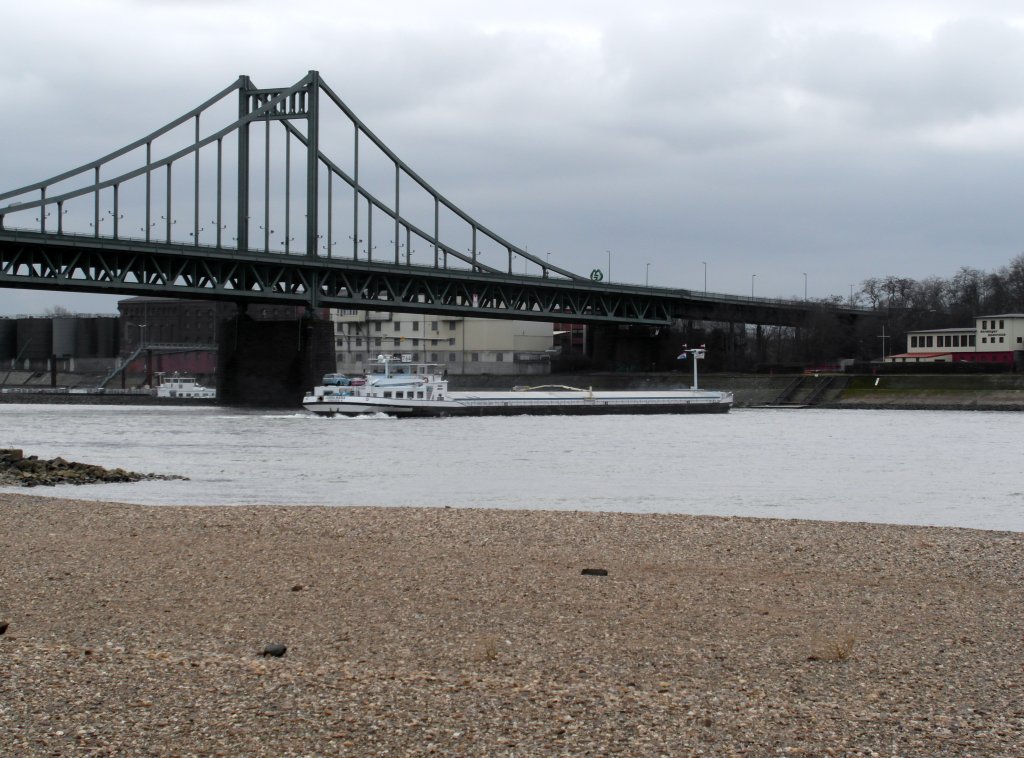 Die Janna Maria wendet am 26.Februar 2012 unter der Uerdinger Rheinbrcke.