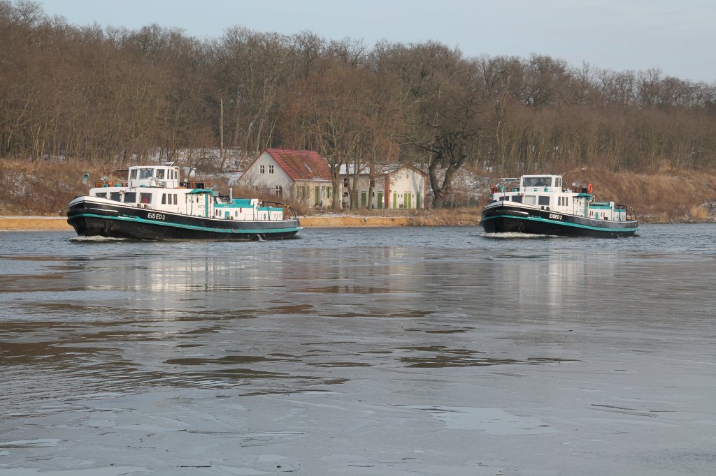 Eisbrecher EISED3  u. EISED2 am 20.01.2013 auf dem Weg zum MLK von Genthin kommend.Es sind die Ex.WSA Schiffe MS ODER u.GARTZ vom WSA Eberswalde.