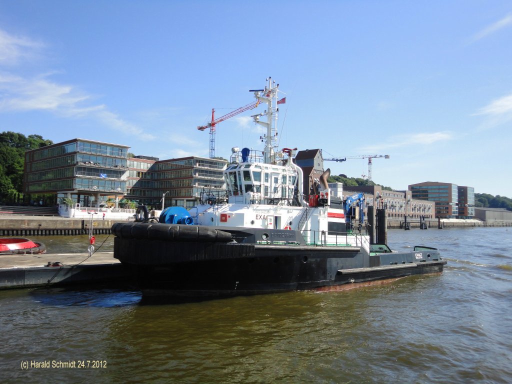 EXACT ()  IMO 9423994 am 24.7.2012: Hamburg, Elbe, Schlepperponton Neumhlen /
La 32,5 m, B 10,8 m, Tg 4,76 m / BRZ 443 / 2 Diesel, ges. 4780 kW, 6500 PS, 12,5 kn, Pfahlzug 85 t / 2008 bei Rosetti Marino, Ravenna, Italien / Eigner: Ltgens&Reimers, Hamburg /
Ex-Namen:  Davide Primo, Malta (bis Feb. 2012) / Svitzer Ran, DK (bis Nov. 2011) / Davide PrimoMalta (bis Aug 2008)    
