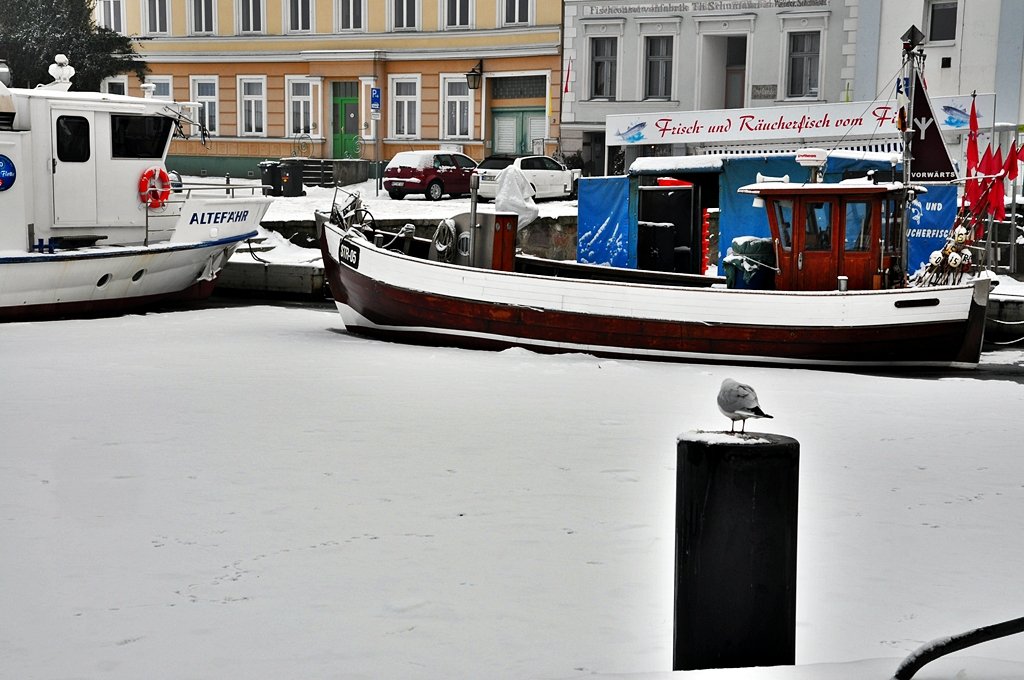 Fischverkaufkutter STR05 im winterlichen Hafen von Stralsund am 07.01.2010