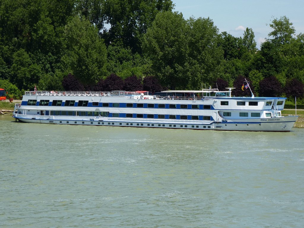 Flukreuzer  Rhine Princess , hier am Altrhein in Breisach, 1959-60 in Mannheim gebaut, dient heute nach wechselvoller Geschichte als Hotelschiff, Juni 2013