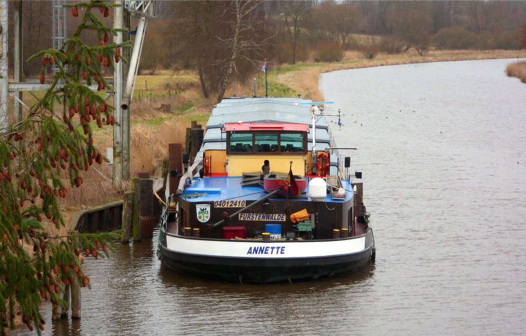 GMS ANNETTE aus Frstenwalde ENI 04012410, liegt zwecks Beladung mit Futtergetreide am Silo in Lbeck-Kronsforde am ELBE-LBECK-KANAL ...
Aufgenommen am 11. Mrz 2012