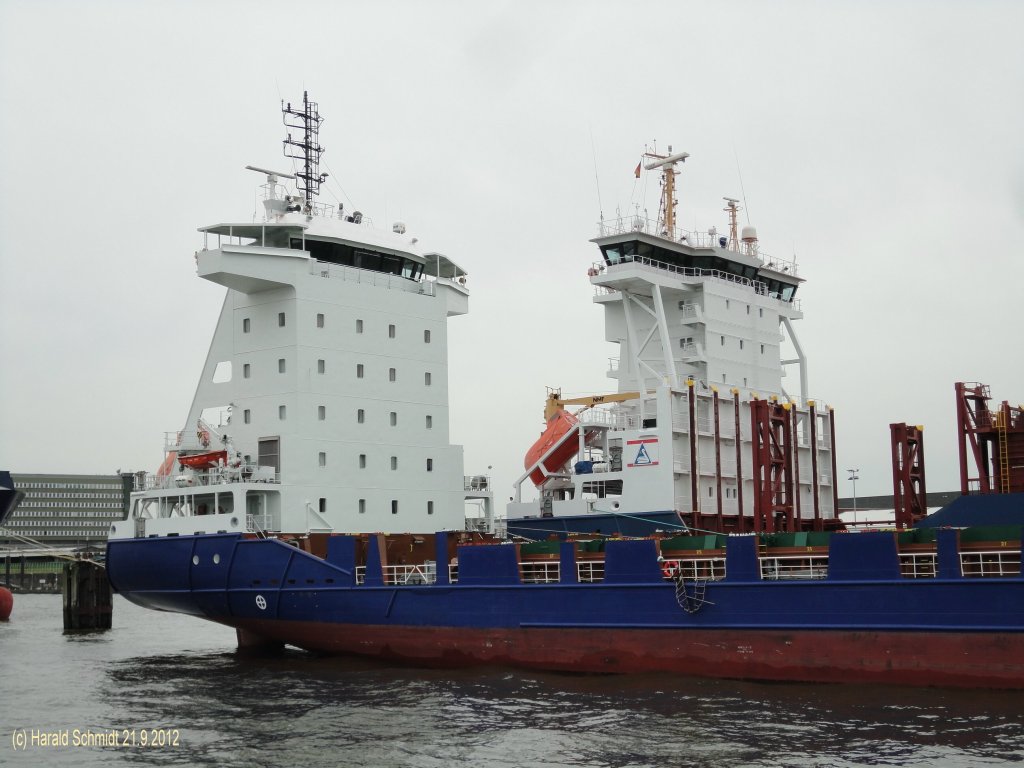 Hamburg am 15.8.2012: Auflieger  MISTRAL (IMO 9376024) und JOHANNA SCHEPERS (IMO9436305) an den Pfhlen in der Norderelbe kurz vor den Elbbrcken