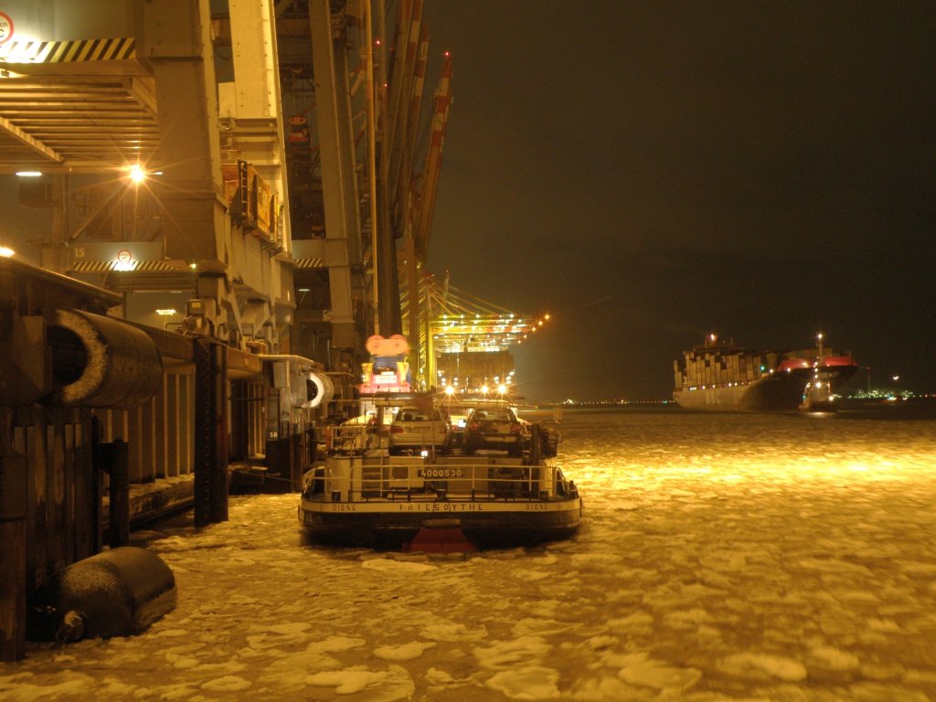 Im  Hafen von  Bremerhaven  kamen  mit  der  Flut  jedemenge  Eisschollen  mit  hoch  !!  Hier  das  Binnenschiff  DIONE   beim  beladen .

28.01.2010