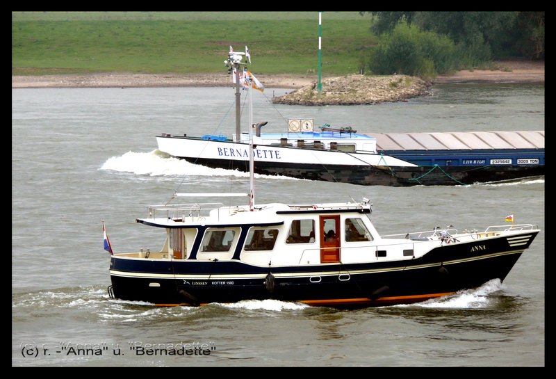 MS  Bernadette  von Nijmegen; ENI 2325642; 110m x 11,45m; 3009 Tonnen; 1856 PK und MY  Anna  auf dem Rhein in der geregelten Begegnung.