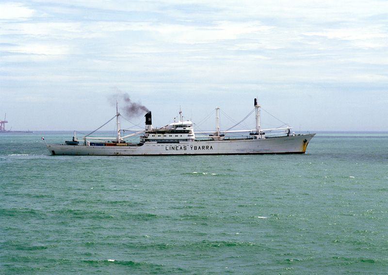 M.S. CAP DIEGO ex: CAP SAN DIEGO - 
Lineas Ybarra, Sevilla / vorher: HSDG Hamburg-Sd - 
fotografiert 1983 vor der brasilianischen Kste - 
Autor:  Wolf Eggers - 
Die CAP SAN DIEGO war eines der 6  Cap San -Schiffe der Hamburg-Sd, die als die weien Schwne des Atlantiks bezeichnet wurden. 1983 wurde CAP DIEGO von Ybarra verkauft und fuhr bis 1986 unter dem Namen SANGRIA als Trampschiff.
Das Schiff wurde inzwischen vollstndig restauriert und liegt in Hamburg als Museumsschiff.