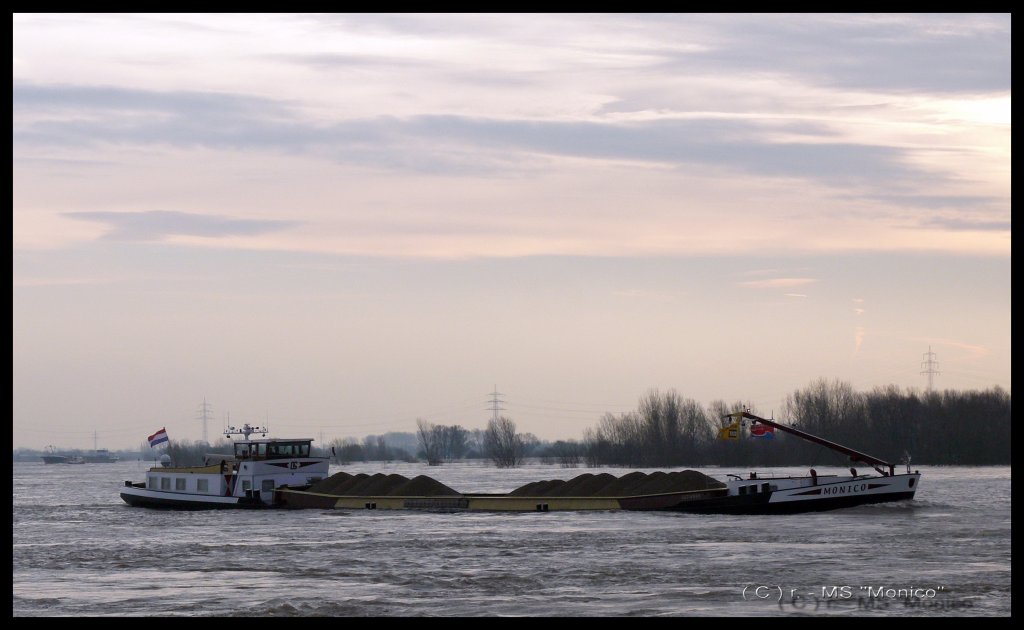 MS  Monico  aus Hedel/Nl, ENI 02318869, 1087 Tonnen, 70 x 8,20 m, im Januar 2011 auf dem Rhein.