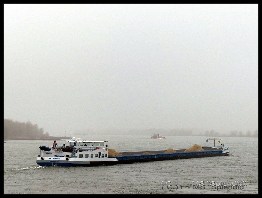 MS  Splendid  von Dordrecht, ENI 02331217, 135 x 11,45, 3831 Tonnen, 2 x 1521 Ps.
Das Fahrzeug ist hier im Mrz 2013 in der Kiesfahrt.