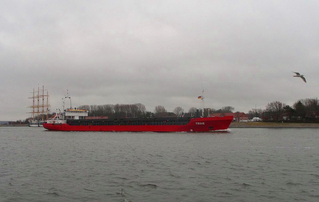 MS TRINE IMO 8519241, auf der Trave mit Kurs Lbeck-Bruggenkai... Aufgenommen: 21.1.2012