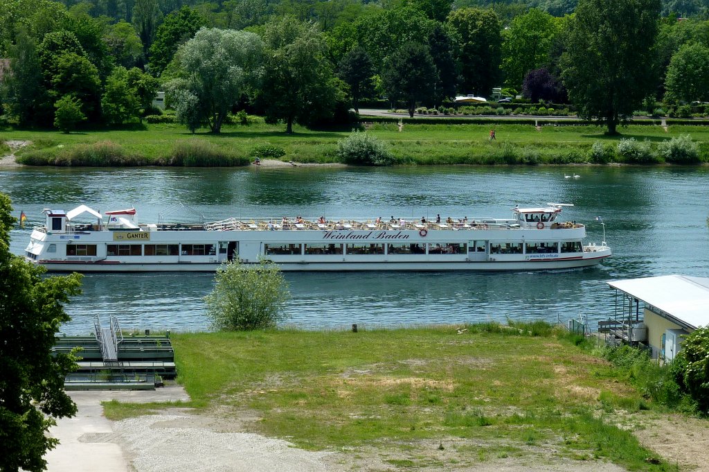 MS  Weinland Baden , Ausflugsfahrt auf dem Altrhein, gesehen vom Burgberg in Breisach, Juni 2012 