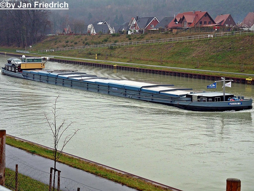 Name: Panorama 
gemeldet in: Millingen a/d Rijn
Nationalitt: Niederlndisch
EuNr.: 02312809
Lnge: 72,06m
Breite: 7,25m
Tiefgang: 2,33m
Tonnage: 783t
Maschine: Mitsubishi 650PS
Bugstrahl: 165PS Scania

Aufgenommen in Riesenbeck (DEK Km 106,3)