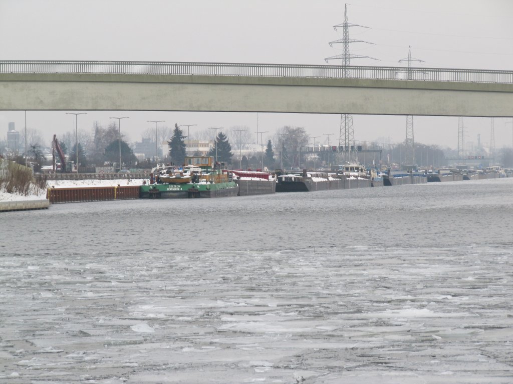 Polnische Schubverbnde berwintern am Berliner Westhafenkanal in Hhe des Goerdeler Dammes (Stadtautobahn) bereits seit Weihnachten 2009. 24.01.2010