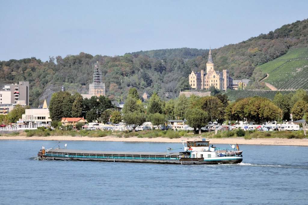 Rheinschiff  Edga  auf dem Rhein. Als Hintergrundkulisse Bad Hnningen mit Schlo - 26.09.2009