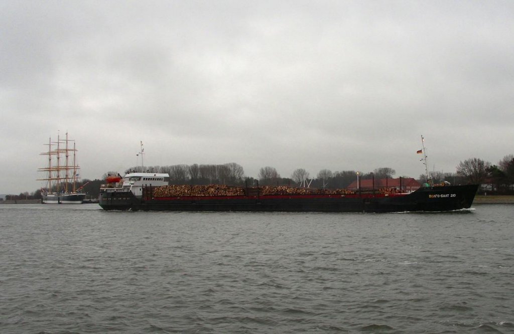 Rus. MS VOLGO BALT 210, IMO 8230376, kommt mit einer Ladung Rundholz aus Russland.
Aufgenommen: 21.1.2012