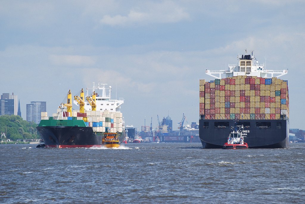 Schiffsbegegnung kurz vor dem Hamburger Hafen zwischen den beiden Containerschiffen MSC Ines rechts einlaufend und der Viesea links auslaufend.Aufgenommen am 25.05.10 vom Rschpark Finkenwerder.