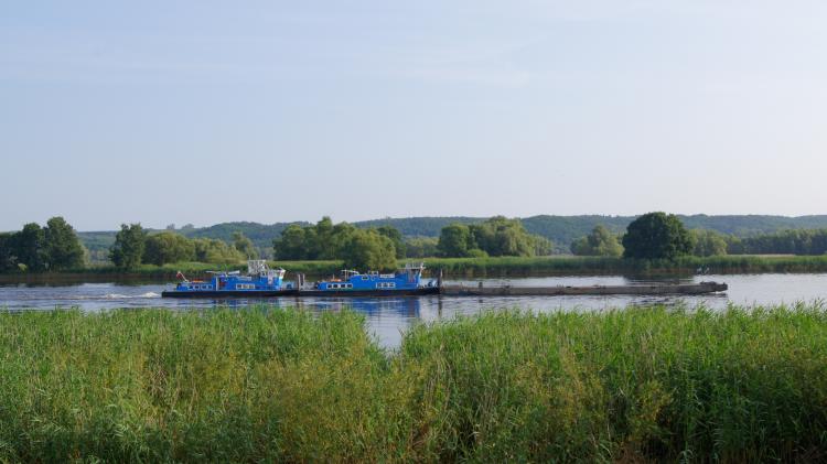 Schubboote Dommil 2 und Dommil 3 am 17.07.13 um 7:45 Uhr in der Oder bei Bienenwerder, Fahrt in Richtung Frankfurt/Oder