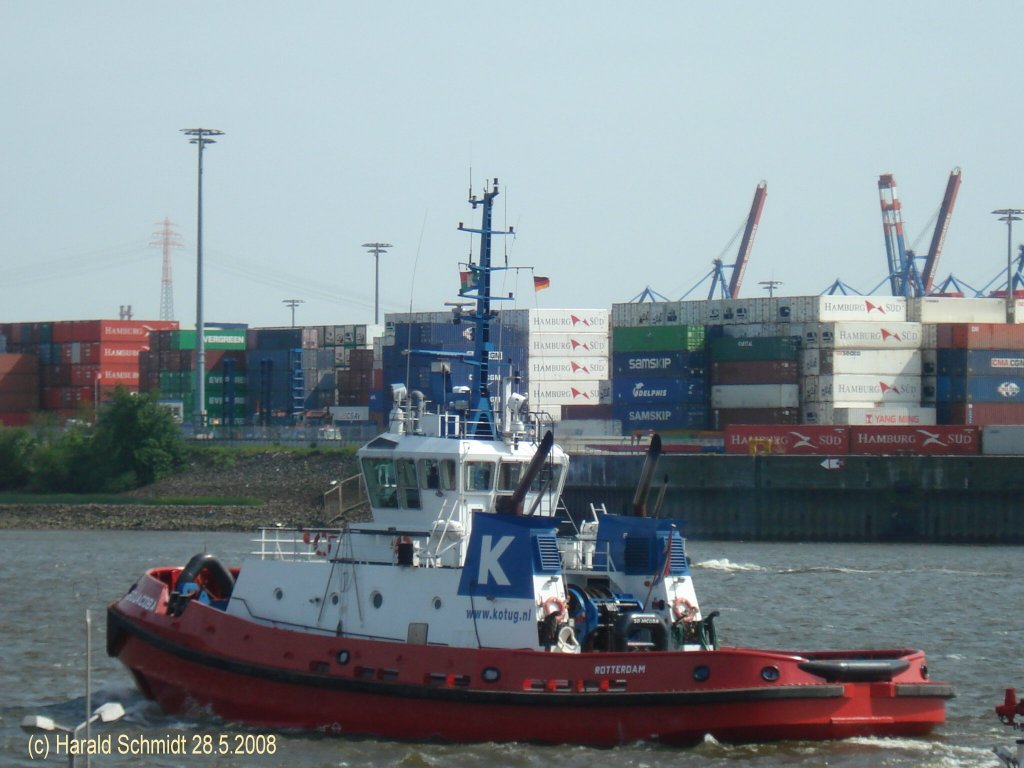 SD JACOBA   (IMO 9174567) am 28.5.2008, Hamburg, Einfahrt Vorhafen, vor Tollerort Terminal /    
Schlepper / gebaut 1998 /  GT 392 / La: 30,8m, B 11,14m, Tg. 4,78m / 2 Caterpillar  1491,5 kW, ges. 2983 kW, 13,2 kn / Pfahlzug 52 t / Heimathafen Rotterdam NL
