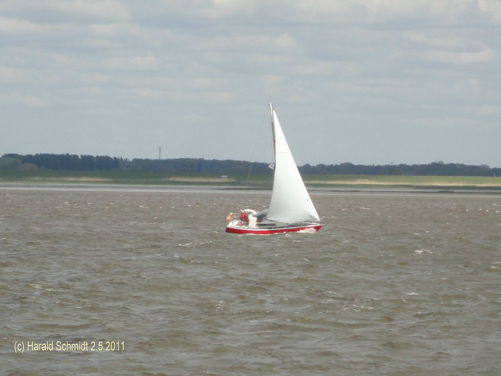 Segelboot bei Starkwind auf der Elbe vor der Lhe am 2.5.2011 (Grosegel nicht gesetzt, nur mit der Genua wird gesegelt)