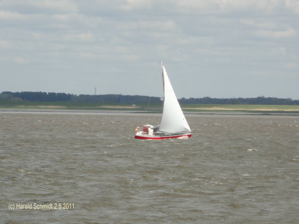 Segelboot bei Starkwind auf der Elbe vor der Lhe am 2.5.2011 (Grosegel nicht gesetzt, nur mit der Genua wird gesegelt)