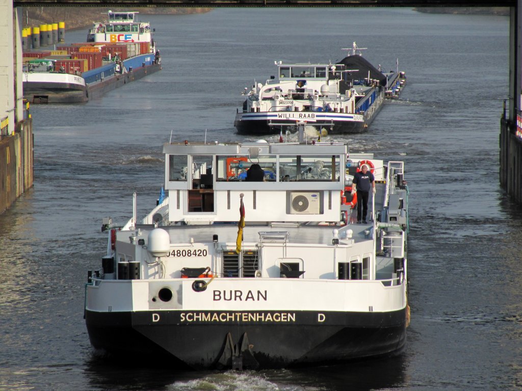 TMS Buran folgt dem Koppelverband MS Willi Raab aus der Schleuse Geesthacht und fahren die Elbe zu Berg Ri. ESK / Lauenburg. 20.03.2011